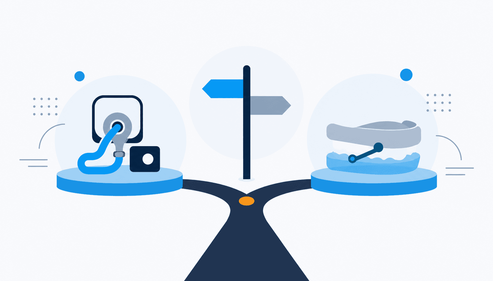 Editorial illustration of two divergent paths emerging from a shared origin point, suggesting two valid first-line treatment routes for sleep apnea.