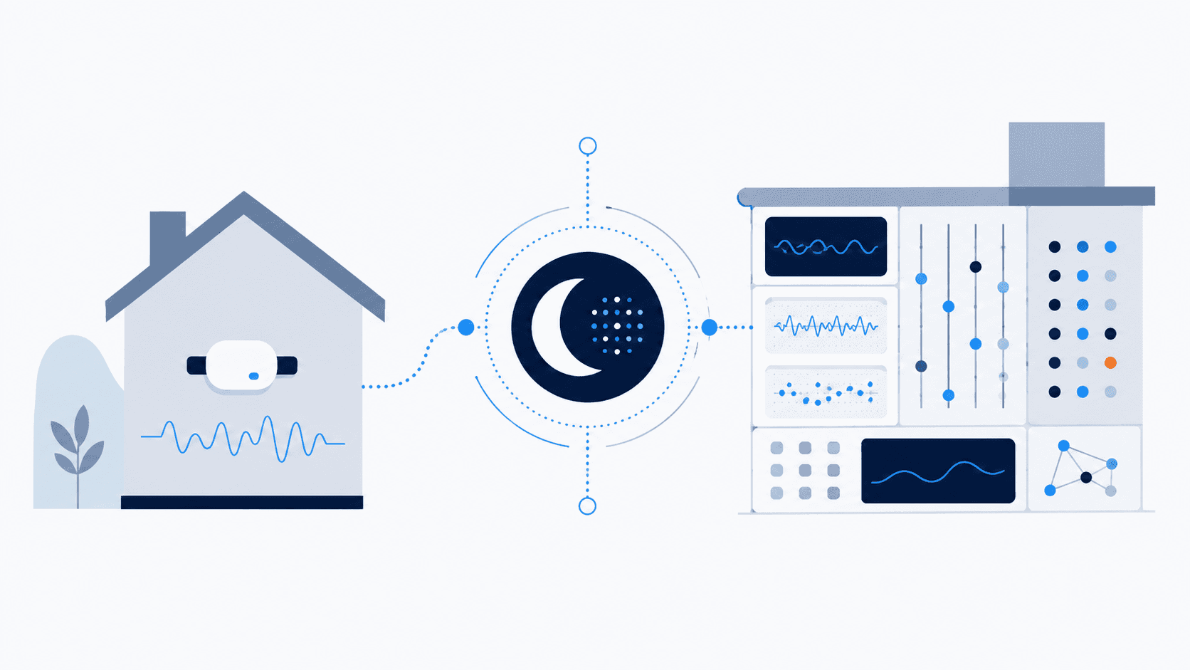 Editorial illustration of two minimal interior scenes — a home setting and a sleep lab setting — connected by a thin visual bridge.