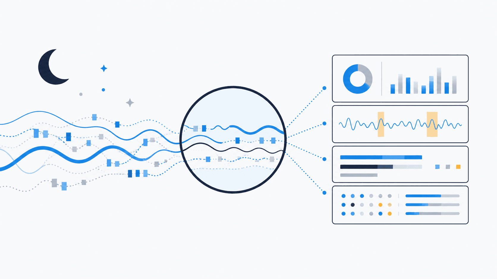 Editorial illustration of a stylized paper report overlaid with an overnight breathing-trace waveform, suggesting careful reading of sleep study data.
